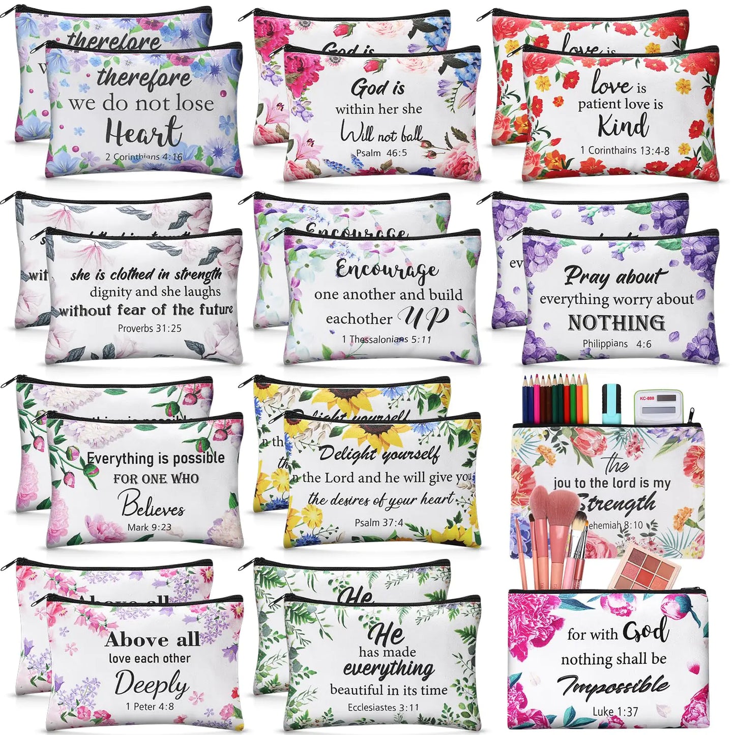 Qeeenar 24 Pcs Christian Makeup Bag Bible Cosmetic Bags Inspirational Bible Verse Toiletry Pouches Canvas Motivational Bag with Zipper for women Organize Cosmetics Toiletries Stationery(Floral)