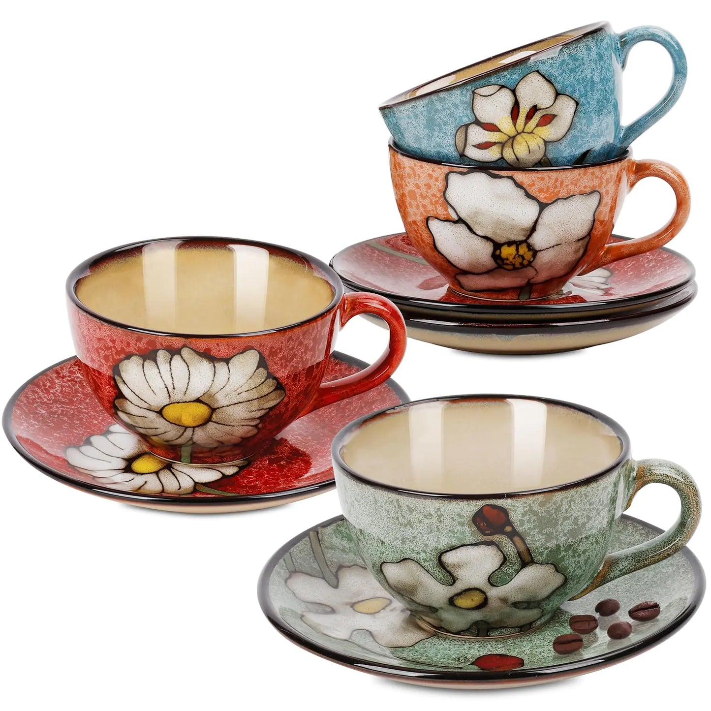 Katathani Cappuccino Cups Set of 4,8oz Ceramic Coffee Cups with Saucers for Tea Espresso and Latte- Porcelain Underglaze Hand-painted Coffee Mugs
