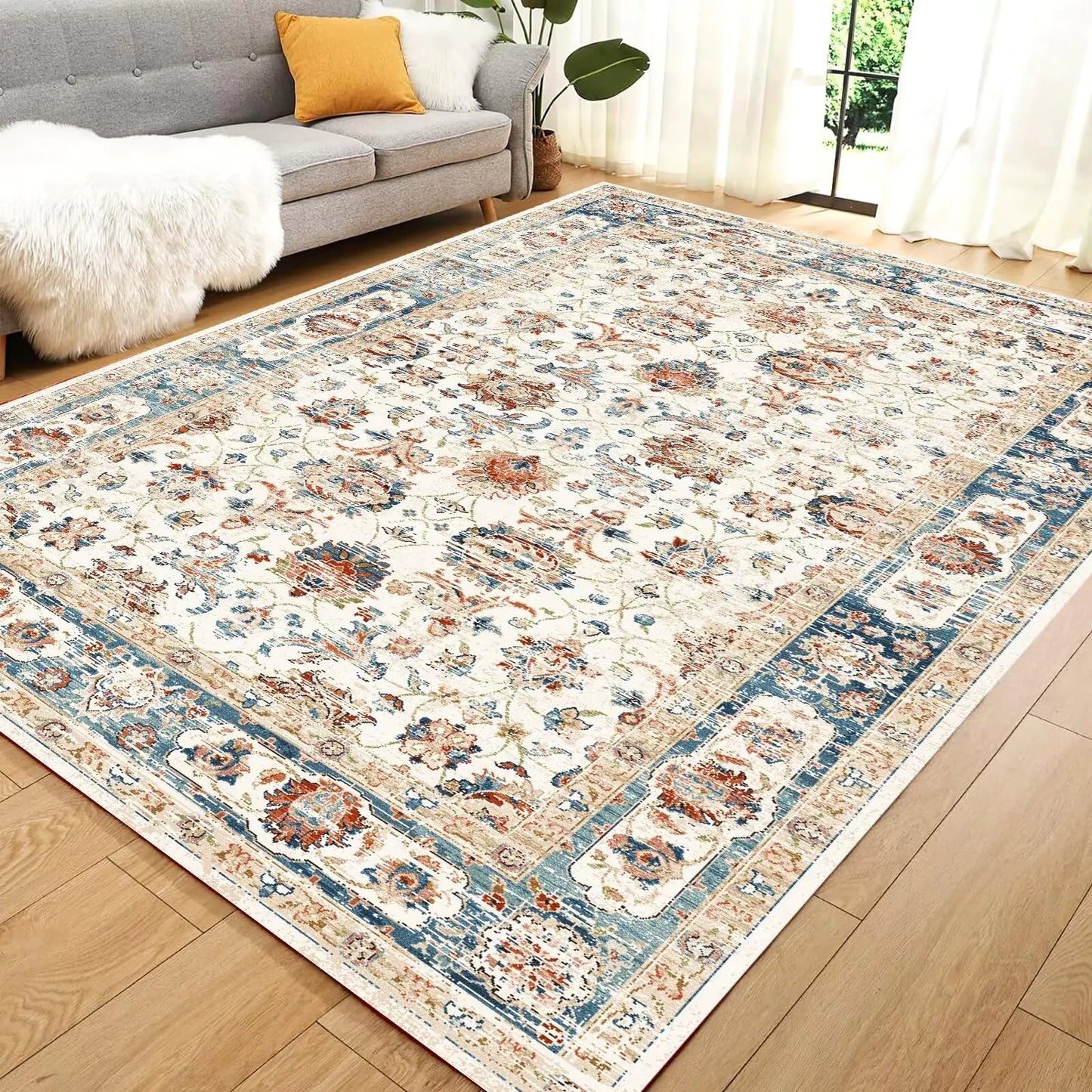 HAJDCUTC 8x10 Area Rugs for Living Room Machine Washable Non Slip Vintage Retro Rugs Low Pile Lightweight Chenille Print Rug for Bedroom Dining Room Home Office Beige