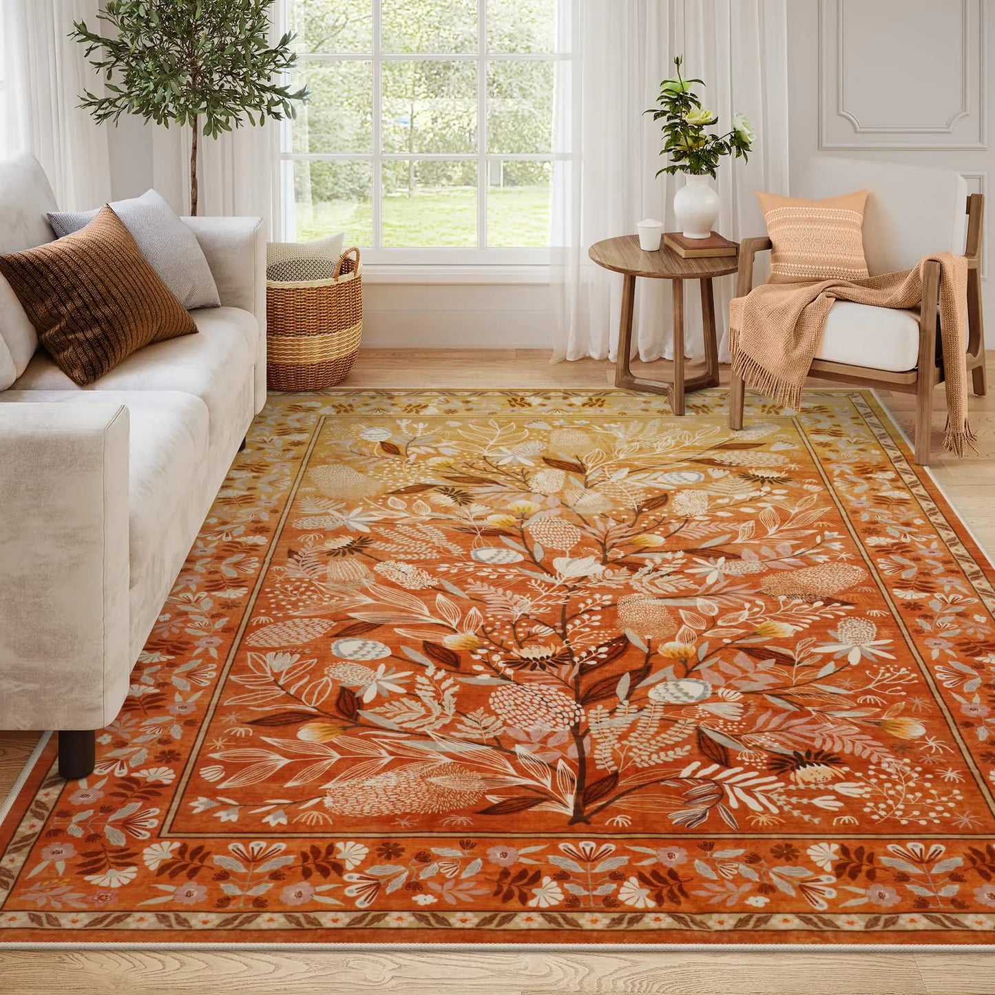 Anidaroel Orange Area Rugs for Living Room 8x10 Botanical Floral Machine Washable Modern Rug Soft Large Rugs for Bedroom Non-Slip Accent Abstract Rug for Nursery Dining Room Home Office