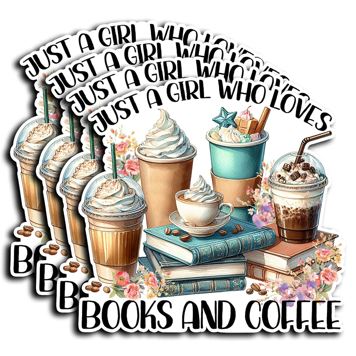Pack 4PCS Just A Girl Who Loves Books and Coffee Stickers Aesthetic Reading Waterproof Vinyl Decals Decor Kindle Laptop Water Bottle Tumbler Stuff Gifts for Bookish Book Lover Girls
