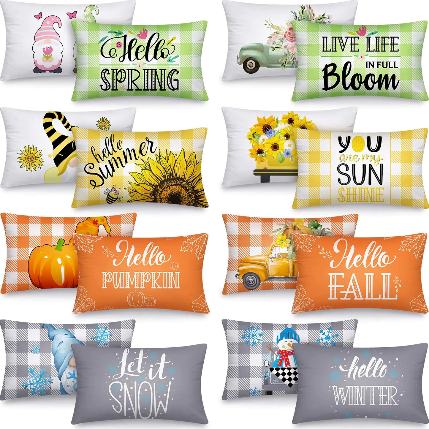Tatuo 16 Set Seasonal Pillow Covers Holiday Pillow Covers Winter Spring Valentine Gnome Flower Decorative Pillows Cases Farmhouse Cushion Cover for Holiday Home Couch Sofa Decor(12 x 20 InchesPlaid)