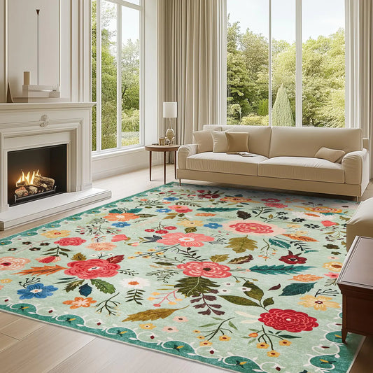 Rugs for Living Room 6X9 Area Rug Boho Floral Vintage Rug for Bedroom Washable Rug Soft Low Pile Living Room Rug Non Slip Carpet Non-Shedding Rug for Dining Room Kids Playroom Green