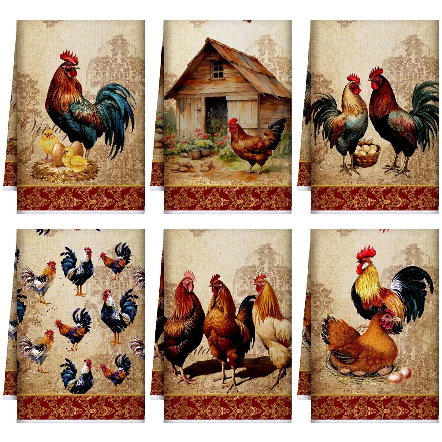 Bencailor 6 Pcs Farmhouse Kitchen Towels Chicken Dish Towels Rooster Kitchen Decor Farm Animal Kitchen Hand Towels for Cooking Baking Housewarming Gift15.75 x 23.62 in(Golden BrownRooster)