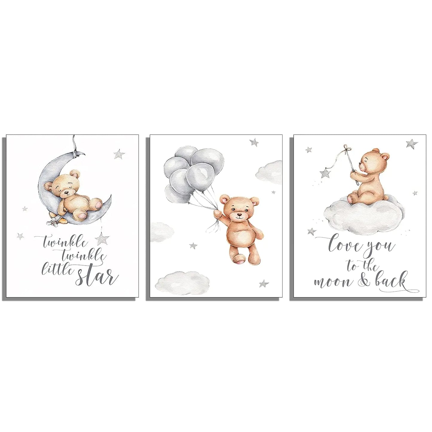 Nursery Wall Art Cute Little Bear Moon Love Sentence Cartoon Canvas Art Prints - Set of 3 (11 inches x 14 inches) Wall Art Decor Photos Bedroom Playroom (No framed)