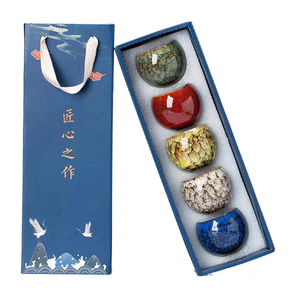 ZPGXLRZ 5Pcs Ceramic Tea Cup Set Chinese Tea Cups with Designed Gift Box - 5 Stylish Colors