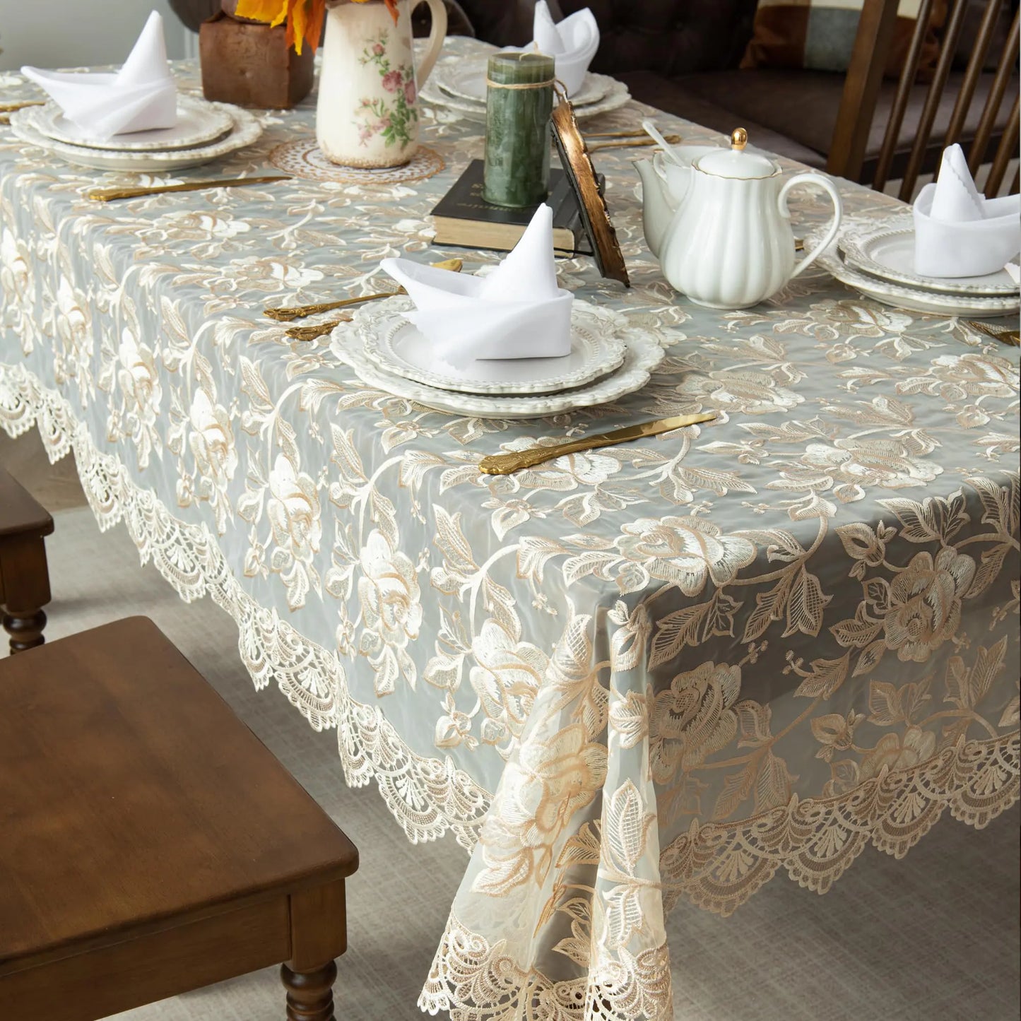 Charoama Organza Embroidery Lace Floral Tablecloth 52x70 inch for Rectangle Tables - Wrinkle Resistant Rustic Tassel Table Cloth - Decor Table Cover for Kitchen Patio Parties Picnics Dining Occasion