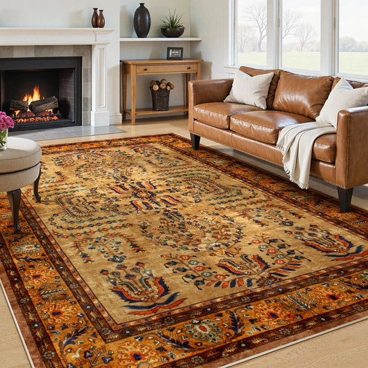 Beeiva Floral Bedroom Rug 8x10 Under Bed Machine Washable Area Rug Non Slip Boho Rugs Low Pile Lightweight Vintage Print Carpet for Living Room Dining Room Office Home Decor (Brown8x10)