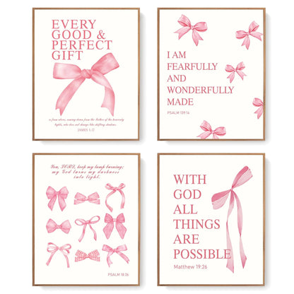 LARTSFRO Coquette Pink Bow Bible Wall Art Decor Prints Pink Bow Bathroom Decor Bow Wall Art Bow Room Decor Aesthetic Teen Girl Living Room Bathroom Posters Decor Trendy Gifts for Women Teens Teen Girls 12x16 Inch Set of 4 Unframed