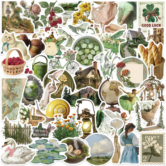 50 Pcs Vintage Aesthetic Stickers Cute Retro Pastoral Sticker Cottagecore Journaling Scrapbooking Stickers Pack for Adult Women Teen Grils Waterproof Vinyl Decals for Laptop Water Bottle Cup