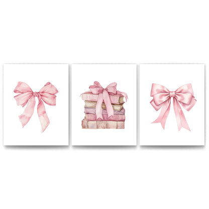 JWVK Coquette Preppy Pink Bow Girly Books Wall Art Prints Set of 3 Book Lovers Gifts Coquette Room Decor Preppy Room Decor Trendy Pink Book Posters for Girls Bedroom Dorm 8x10 Unframed
