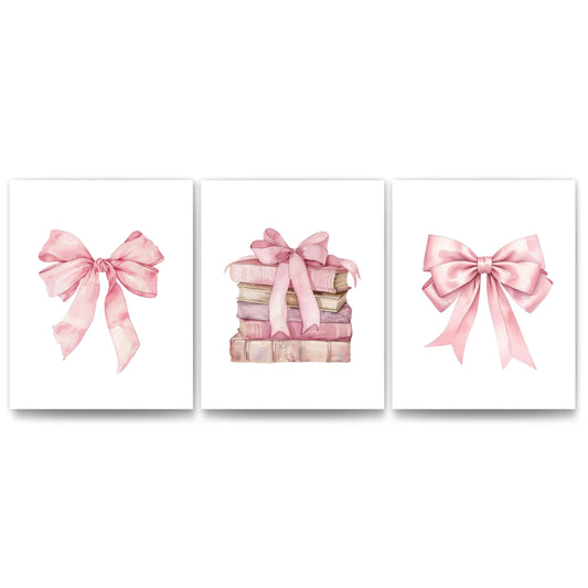 JWVK Coquette Preppy Pink Bow Girly Books Wall Art Prints Set of 3 Book Lovers Gifts Coquette Room Decor Preppy Room Decor Trendy Pink Book Posters for Girls Bedroom Dorm 8x10 Unframed