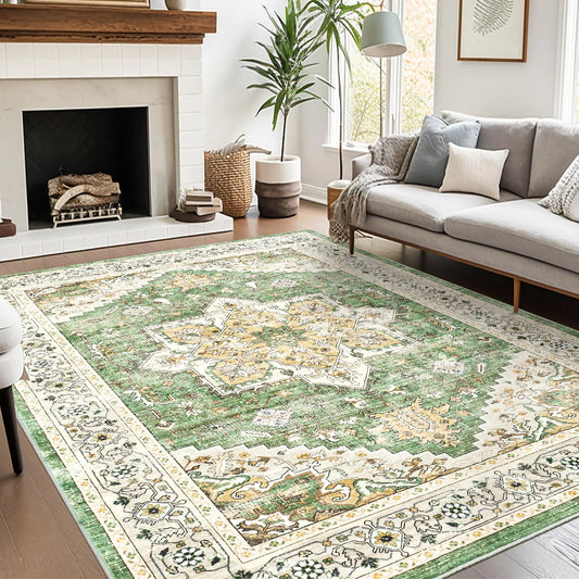 Restydon Washable Rugs 8x10 Area Rugs for Living Room Non-Slip Backing Large RugVintage Floral RugsUltra-Thin Indoor Rug Home Decor Soft Area Rug (Green 8x10)