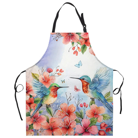 Dacawin Pink Flowers Bird Apron with Pockets Spring Floral Bib Apron for Kitchen Accessories Watercolor Blue Birds Adjustable Neck Strap Aprons for Women Men Home Decor