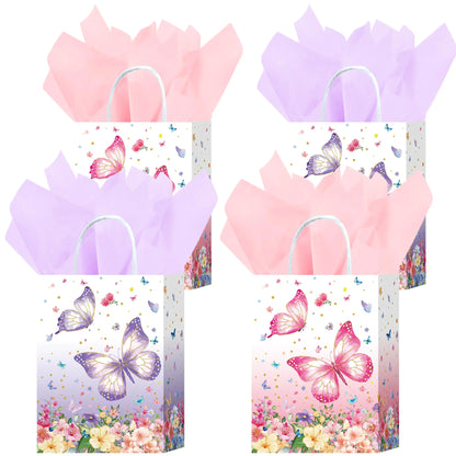 W WINTMING 16 Pcs Gift Bags Butterfly Party Favor Bags with Tissue Paper Pink Purple Paper Goodie Bags Birthday Gift Bags for for Wedding Birthday Party Supplies and Gift (Flower)