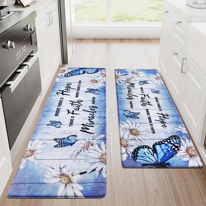 Likiyol Butterfly Kitchen Rugs Set of 2 Farmhouse Kitchen Mats for Floor Anti Fatigue Mats for Kitchen Floor Daisy Kitchen Rugs Non Slip Washable Kitchen Floor Mat 18 x 48 + 18 x 60 Blue