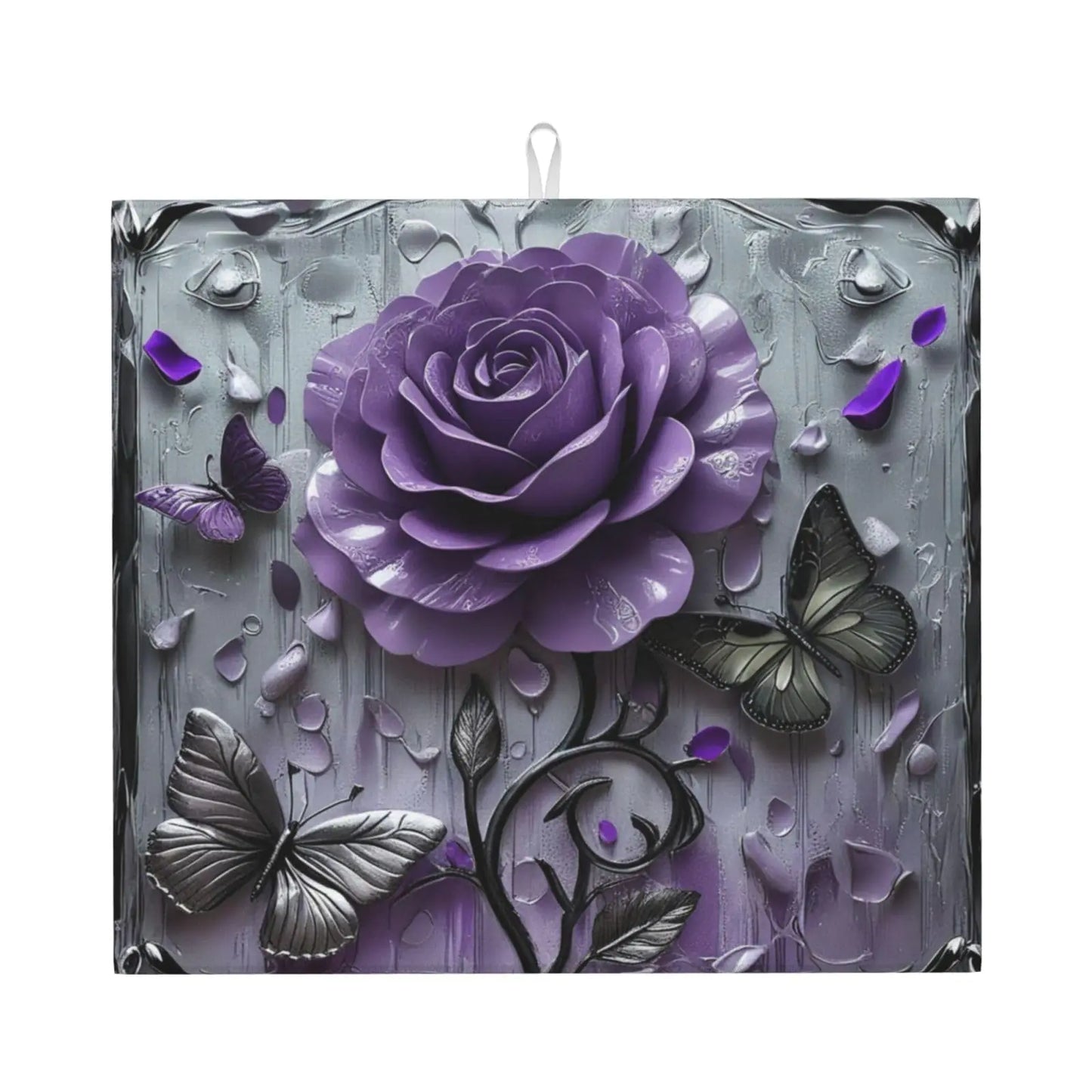Yamxbfa Dish Drying Mats 3D Purple Rose Grey Butterfly Flowers Kitchen Draining Mat Non slip hangable Cutlery Drying Mats for Kitchen Counter Coffee Bar Dinning Room Decor 16"x18"