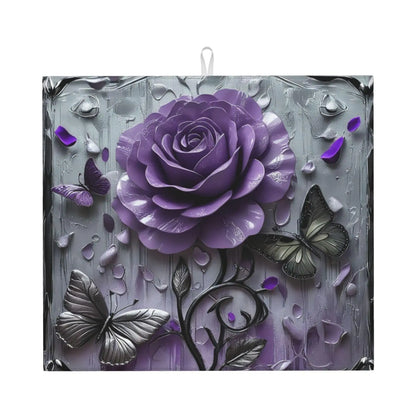 Yamxbfa Dish Drying Mats 3D Purple Rose Grey Butterfly Flowers Kitchen Draining Mat Non slip hangable Cutlery Drying Mats for Kitchen Counter Coffee Bar Dinning Room Decor 16"x18"