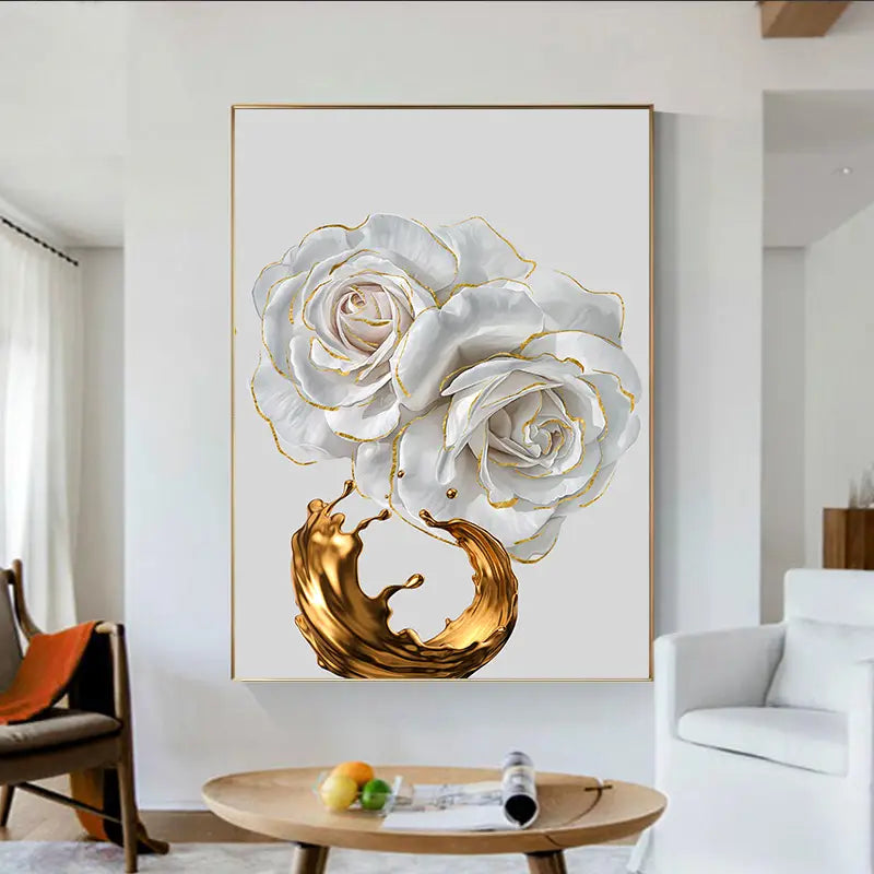 3pcs White Rose Canvas Wall Art with Golden Splash