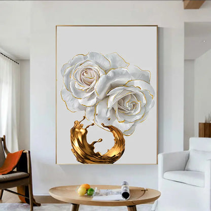 3pcs White Rose Canvas Wall Art with Golden Splash