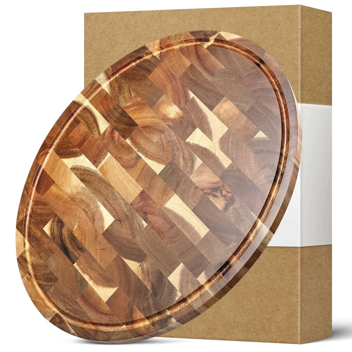 HEZHEN Cutting Board End Wood Grain Chopper Board Built-In Juice Grooves& Handle Acacia Wood Oval Serving Board Kitchen Accessory