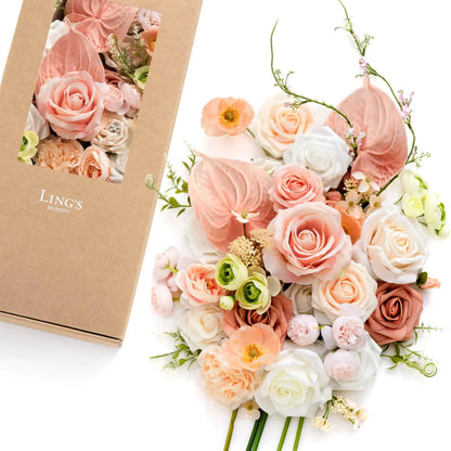 Lings Moment Artificial Flowers and Greenery Combo Box Set for DIY Coral & White Wedding Bouquet Centerpieces Floral Arrangement Decor