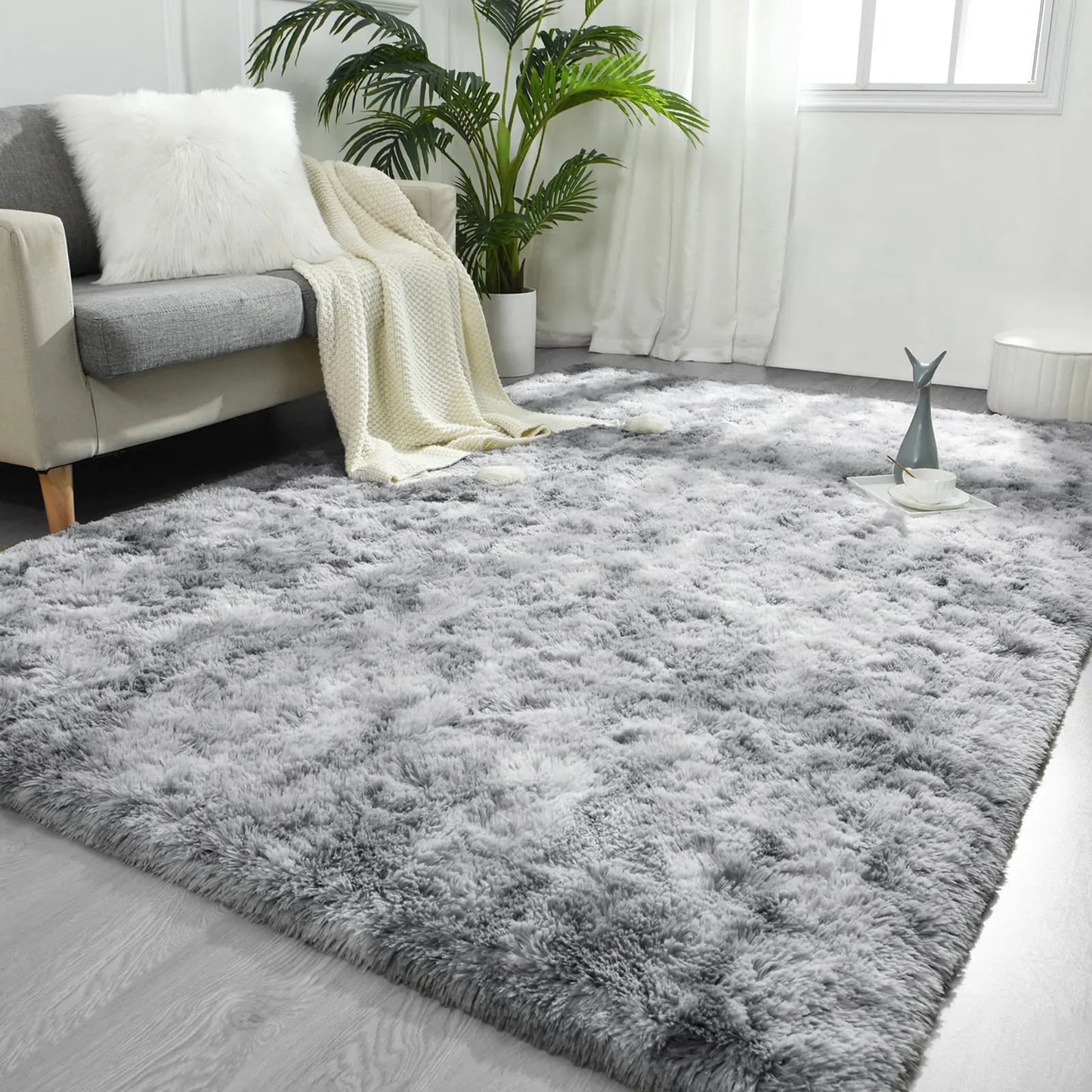 FlyDOIT 9x12 Feet Large Area Rugs for Living Room Tie-Dyed Light Grey Shaggy Rug Fluffy Throw Carpets Ultra Soft Plush Modern Indoor Fuzzy Rugs for Bedroom Girls Kids Nursery Room Dorm Home Decor