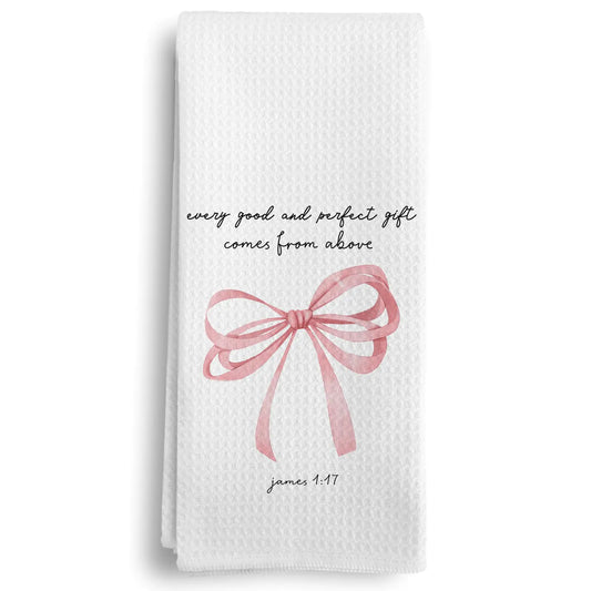 Qeheb Every Good and Perfect Comes from Above Christian Kitchen Towels Bible Verse Gifts Preppy Pink Bow James 1:17 Decor Kitchen Towels Bible Religious Hand Dish Tea Towels for Kitchen 16x24in