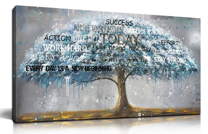 aburaeart Teal Tree Of Life Wall-Art - Motivational Quotes Wall Decor - Canvas Wall Art For Living Room Large Size Ready To Hang Size 30" x 60"