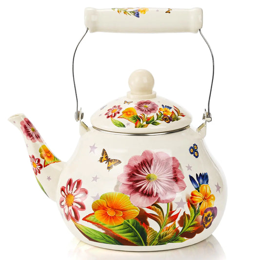 ZEAYEA 2.6 Quart Enamel Tea Kettle for Stovetop Floral Enamel on Steel Teapot with Ceramic Non-Heating Handle Vintage Hot Water Tea Kettle for Induction