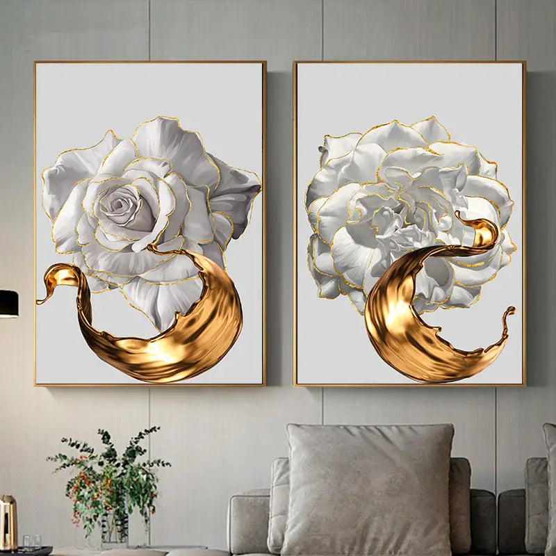 3pcs White Rose Canvas Wall Art with Golden Splash