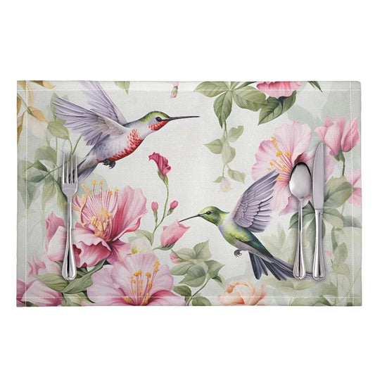GIFTPUZZ Hummingbird Kitchen Table Mats Set Washable Wipeable Insulation Placemat Stain Scratch Resistant Table Placemat Reusable Xmas Halloween Decoration Accessories Pink Flower 4