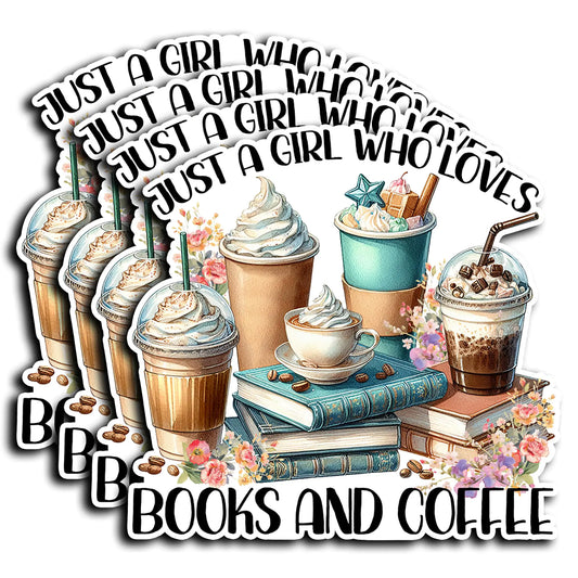 Pack 4PCS Just A Girl Who Loves Books and Coffee Stickers Aesthetic Reading Waterproof Vinyl Decals Decor Kindle Laptop Water Bottle Tumbler Stuff Gifts for Bookish Book Lover Girls