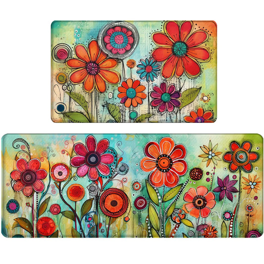 Bulijojo Flowers Anti Fatigue Kitchen Floor Mats Set of 2 Waterproof Kitchen Sink Runner Rug Standing Mat Cushioned Kitchen Rugs Comfort Doormat 17"x47"+17"x28"