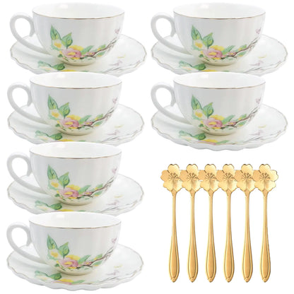 Noblegant Teacup and Saucer Set Tea Cup Set of 6 Coffee Cups Cappuccino Cups Espresso Mugs Flower Tea Cup with Gold Trim Tea Set for Women Tea Party Afternoon Tea Home Office (Pumpkin Cup 7oz)