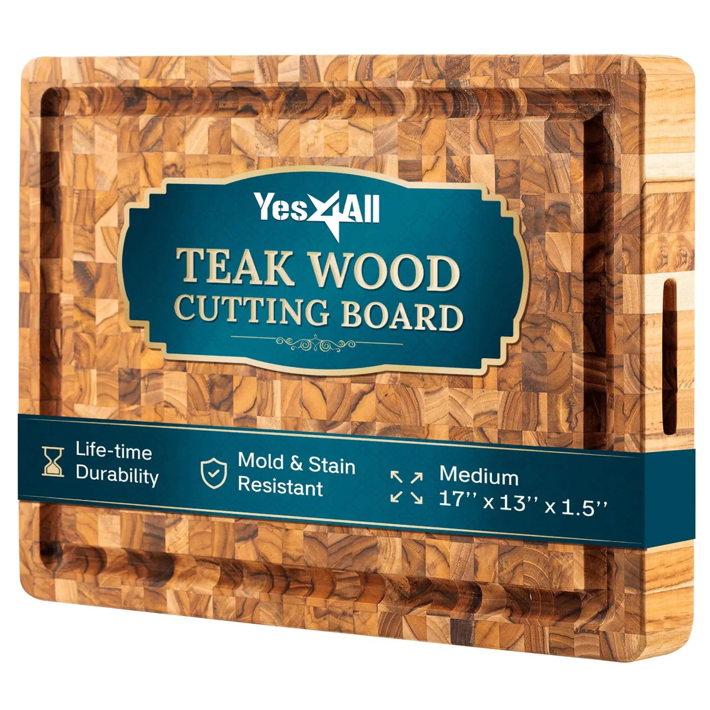 Yes4All Medium End Grain Teak Cutting Board for Kitchen 17L x 13W x 1.5” Thick Durable Wood with Juice Grooves Pre-Oiled Easy Grip Handles Essential Kitchen Utensils Set