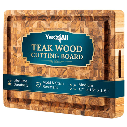 Yes4All Medium End Grain Teak Cutting Board for Kitchen 17L x 13W x 1.5” Thick Durable Wood with Juice Grooves Pre-Oiled Easy Grip Handles Essential Kitchen Utensils Set