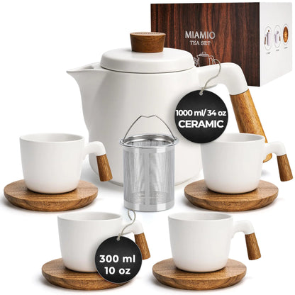 MIAMIO – 34 Oz Ceramic Tea Pot Set with Infuser and Cups/Tea Strainer 4 Ceramic Tea Mugs (10 Oz) Bamboo Saucers/Handle for Home and Office (White)