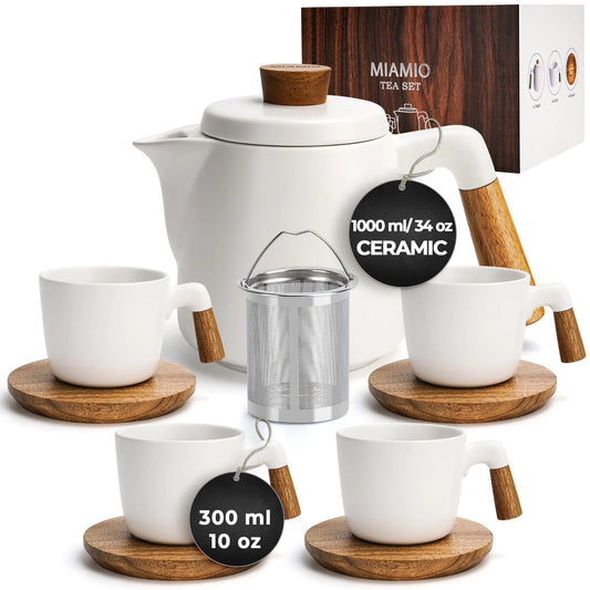 MIAMIO – 34 Oz Ceramic Tea Pot Set with Infuser and Cups/Tea Strainer 4 Ceramic Tea Mugs (10 Oz) Bamboo Saucers/Handle for Home and Office (White)