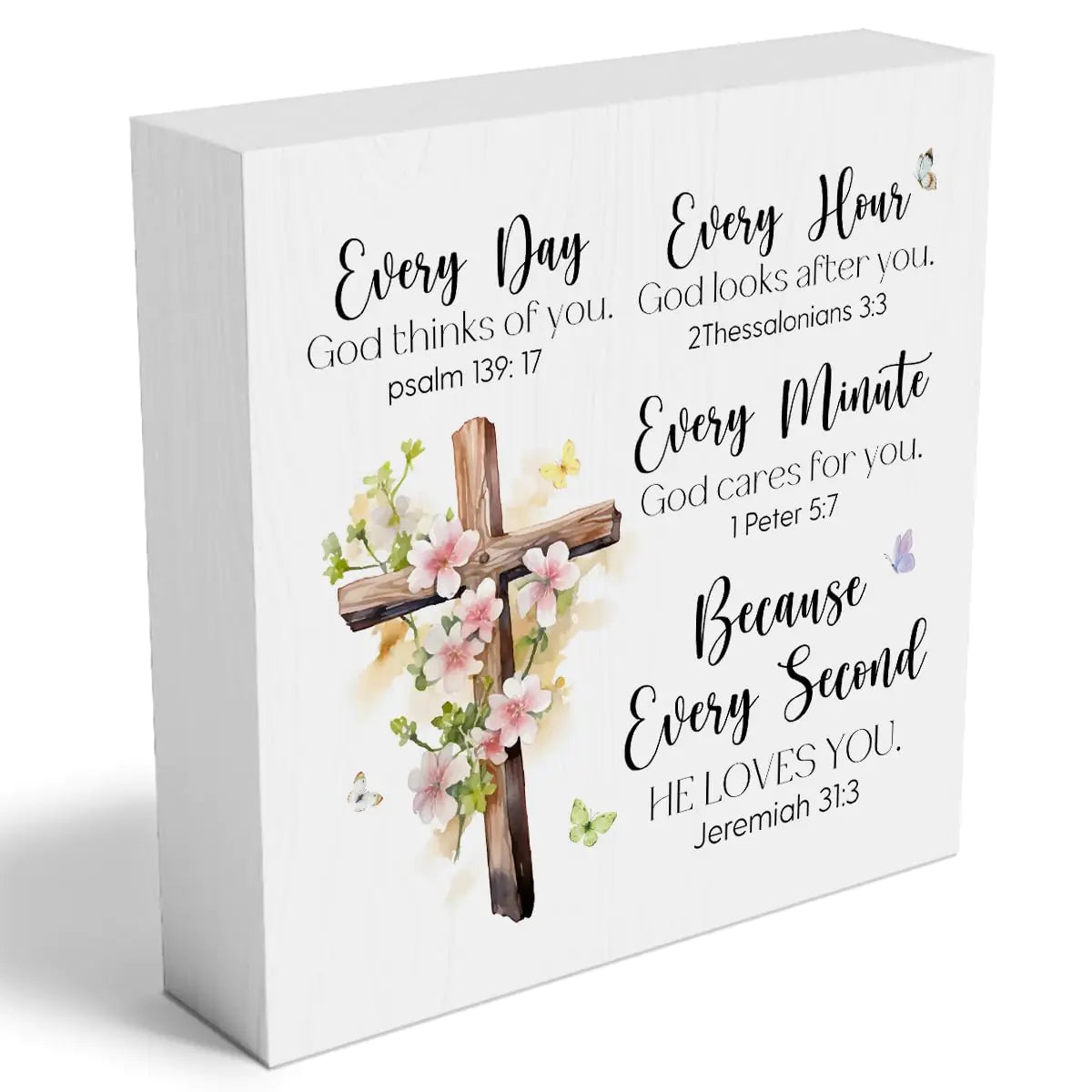 Every Day God Thinks Of You Wooden Box Sign Inspirational Cross Jesus Decor Prayers Religious Scripture Gifts for Women Men Mom Sister Friends Birthday Male Coworker 5 x 5 Inch