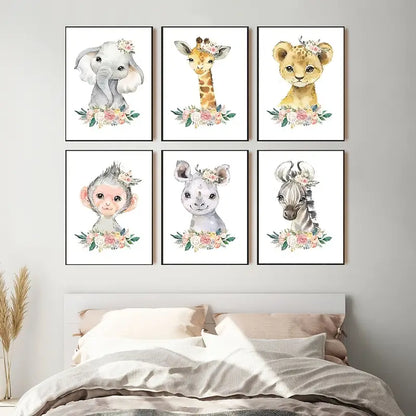 6pcs Cute Animal Flower Wall Art Posters 12x8inch