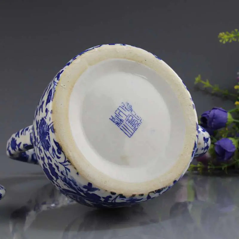 Antique Jingdezhen Ceramic Teapot with Blue Floral Design