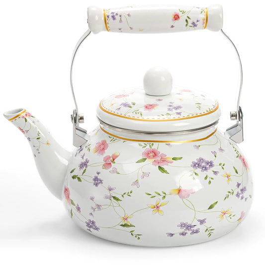 Jucoan Vintage Enamel Tea Kettle 2.6 Quart Floral Enamel on Steel Water Kettle Teapot with Porcelain Handle for Stovetop Home Kitchen Decor Christmas New Year Housewarming Wedding Gift for Friend