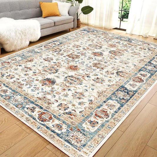 HAJDCUTC 8x10 Area Rugs for Living Room Machine Washable Non Slip Vintage Retro Rugs Low Pile Lightweight Chenille Print Rug for Bedroom Dining Room Home Office Beige
