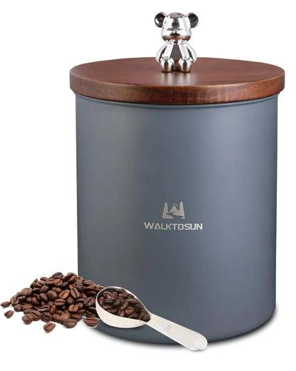 Walktosun Coffee Canisters Airtight Food Storage Container with Wooden Lid Seal Coffee Canisters Stainless Steel Jar with Scoop for Tea Brown Sugar Flour (1.4L Gray With Spoon)