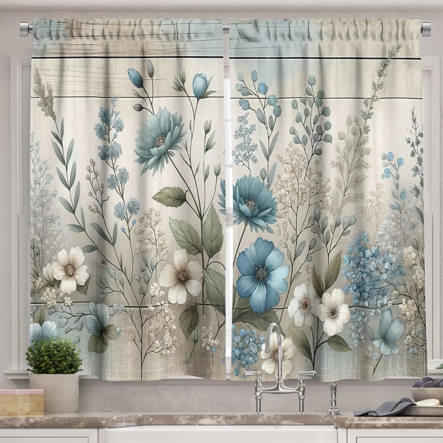 Ambesonne Flowery Kitchen Curtains Winter Melancholy Blooming Floral with Greenery Leaves Muted Tones Window Drapes 2 Panel Set for Kitchen Cafe Decor 55" x 36" Sea Blue Grey Yellow