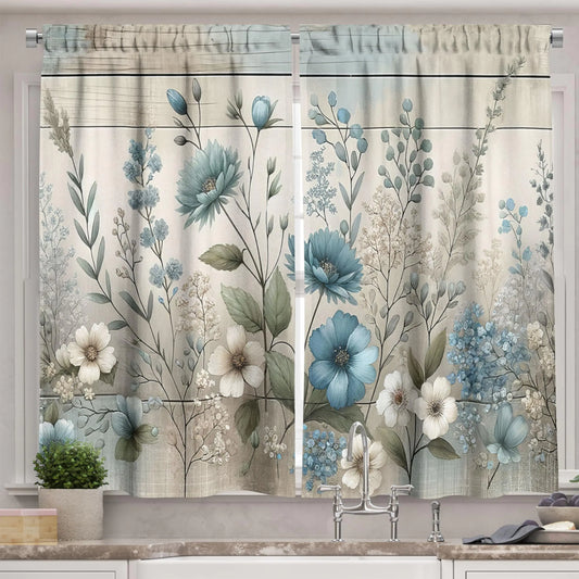 Ambesonne Flowery Kitchen Curtains Winter Melancholy Blooming Floral with Greenery Leaves Muted Tones Window Drapes 2 Panel Set for Kitchen Cafe Decor 55" x 36" Sea Blue Grey Yellow