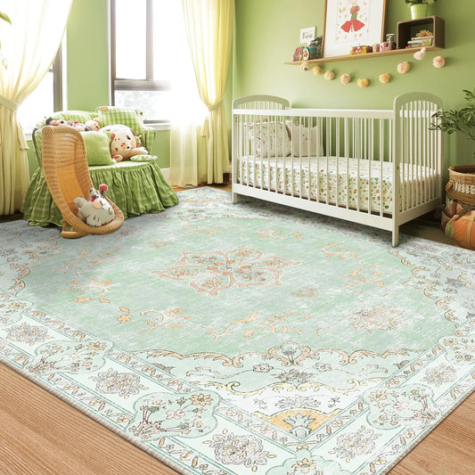 Meejou 6x9 Area Rug- Soft Floral Print, machine Washable with a Non-Slip Backing. Great for Playrooms and Bedrooms. Sage Green