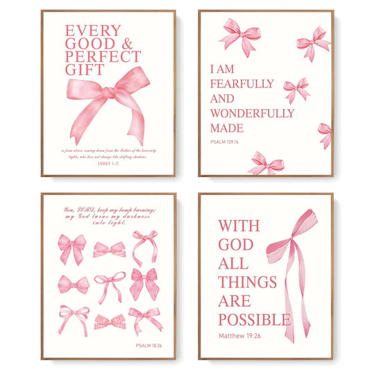 LARTSFRO Coquette Pink Bow Bible Wall Art Decor Prints Pink Bow Bathroom Decor Bow Wall Art Bow Room Decor Aesthetic Teen Girl Living Room Bathroom Posters Decor Trendy Gifts for Women Teens Teen Girls 12x16 Inch Set of 4 Unframed