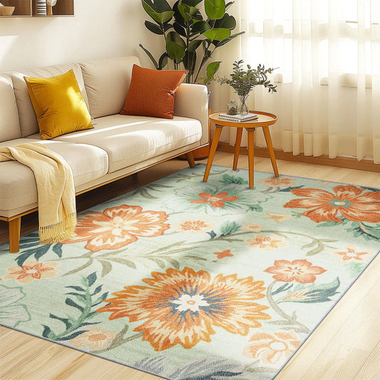 CAPALOCA Area Rugs 3x5 Machine Washable Rugs for Living Room Vintage Floral Print Decor Water Repellent Low Pile Soft Non Slip Rugs for Bedroom Dining Polyester Sage Green/Orange Floral